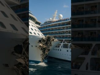 Cruise ship severely damaged after port crash — bow crushed, lifeboats deployed.