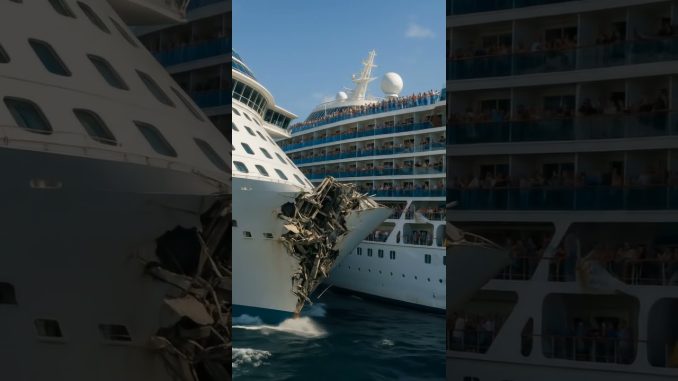 Cruise ship severely damaged after port crash — bow crushed, lifeboats deployed.
