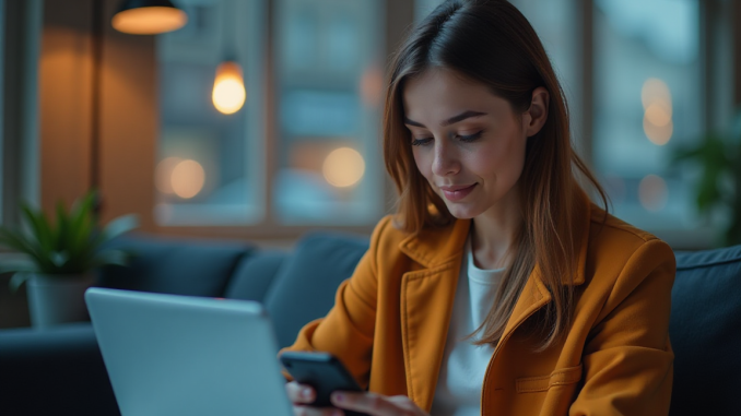 A Lady Using Smartphone and a Laptop