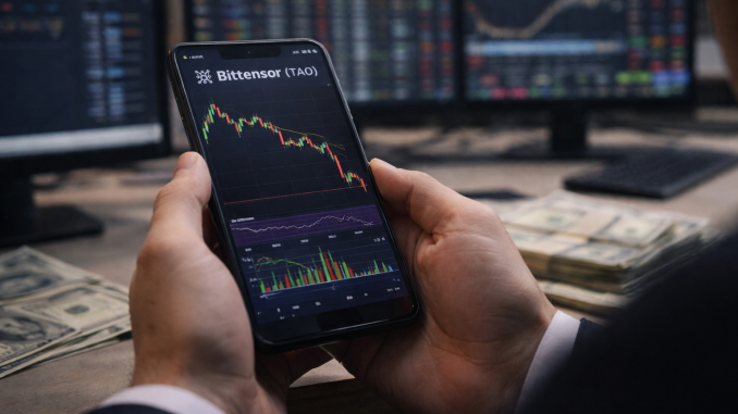 An investor holds a smartphone displaying a cryptocurrency candlestick chart while monitoring markets at a trading desk.