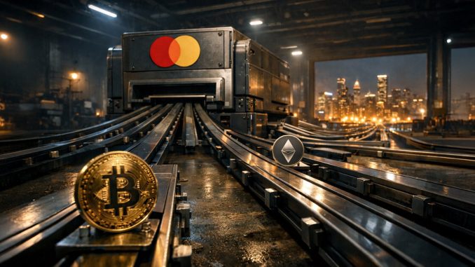Mastercard-branded payment machine processing Bitcoin and Ethereum tokens on industrial rails, symbolizing debate over crypto-washing versus real-world crypto adoption through new partnerships