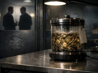 Sealed container filled with crypto coins on a metal table inside a government office, symbolizing prosecutors seeking to retry the Tornado Cash founder despite recognition that crypto mixers can have legal uses