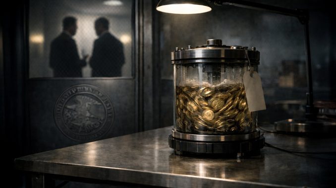 Sealed container filled with crypto coins on a metal table inside a government office, symbolizing prosecutors seeking to retry the Tornado Cash founder despite recognition that crypto mixers can have legal uses