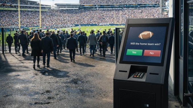 Crowd entering a packed stadium beside a sports prediction kiosk highlights how booming demand for betting markets could strain and destabilize the industry