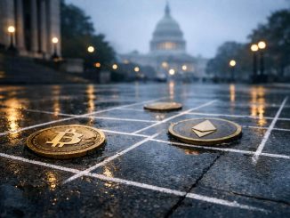 Bitcoin and Ethereum coins on a grid near the US Capitol, reflecting uncertain SEC policy gains that could still be reversed