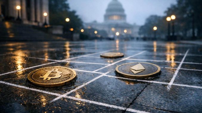 Bitcoin and Ethereum coins on a grid near the US Capitol, reflecting uncertain SEC policy gains that could still be reversed
