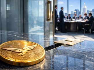 WLFI cryptocurrency coin placed on a boardroom table outside a high-level executive meeting, symbolizing the Trump-backed project offering guaranteed direct access to investors for $5 million