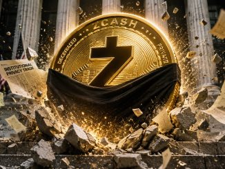 Zcash coin erupting through Wall Street debris as institutional interest drives a powerful rally in privacy-focused cryptocurrencies